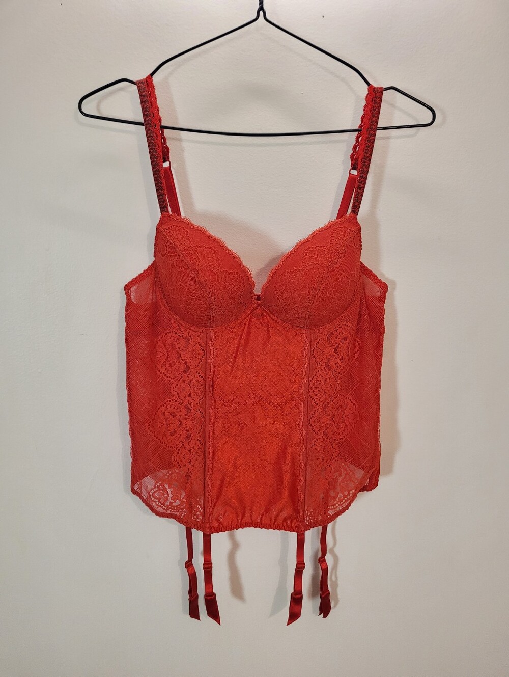 Aubade Red Lace Back Opening Longline Bustier Bra with Garter Straps - Size 34B